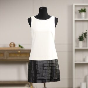 🆕 Ann Taylor Black and White Faux Leather Ruffle Mini Sleevless Dress NWT